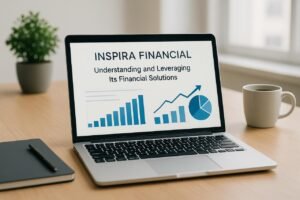 Laptop showing Inspira Financial dashboard with graphs and charts.