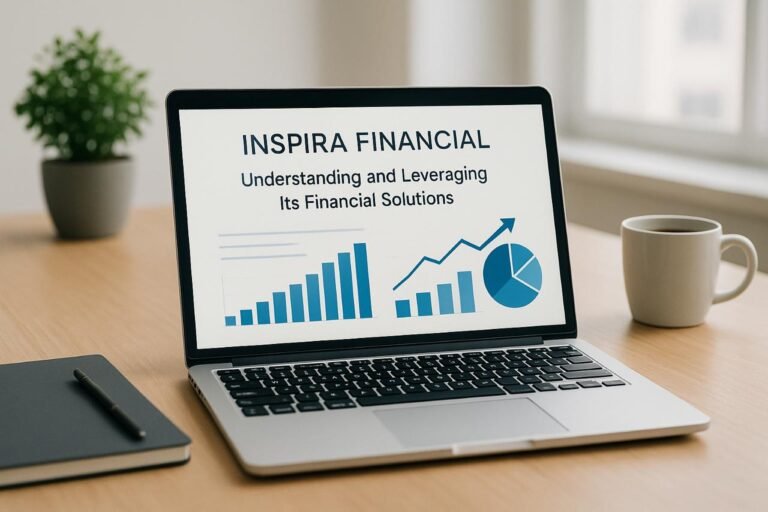 Laptop showing Inspira Financial dashboard with graphs and charts.