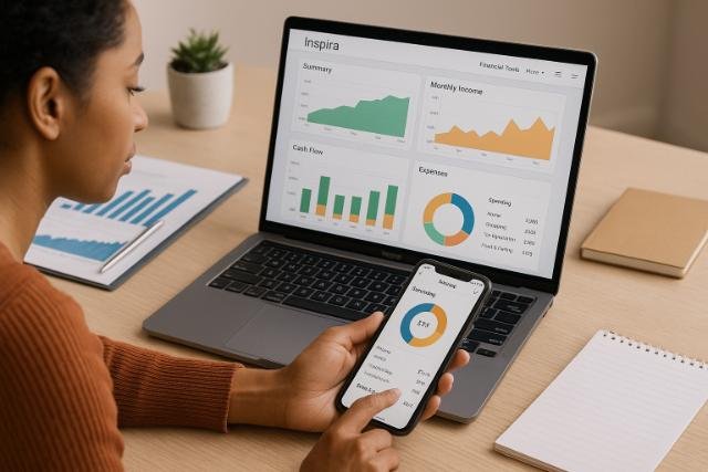 Woman using Inspira Financial Tools on laptop and phone for financial planning.