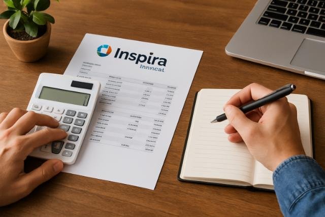 Person optimizing Inspira Financial accounts with documents, calculator, and laptop