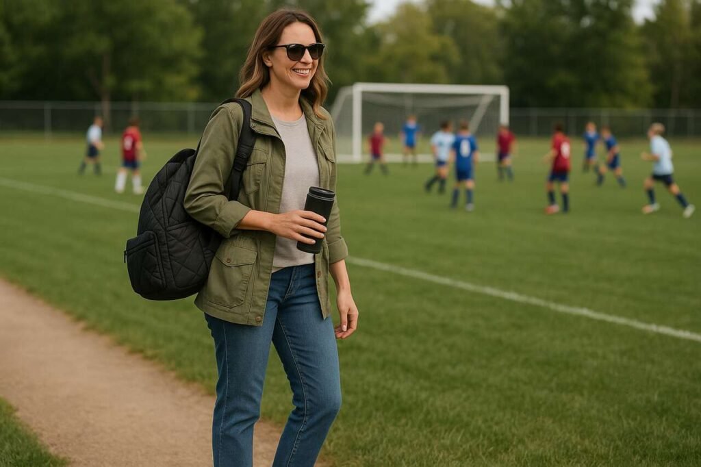 Soccer mom in casual outfit watching a youth soccer game.