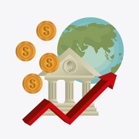 Capital reserve growth with bank, coins, and global financial planning illustration.