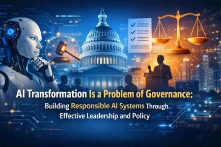 Responsible AI governance concept with AI robot, government building, and justice scale representing ethical AI policy and leadership.