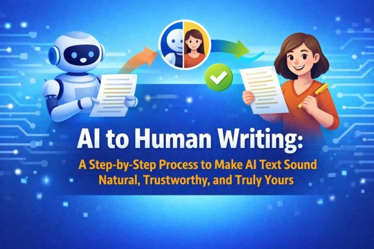 AI to Human Writing guide showing AI text transformed into natural human copy.