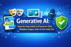 Generative AI guide cover with chat, roleplay, image, voice, and safety icons.