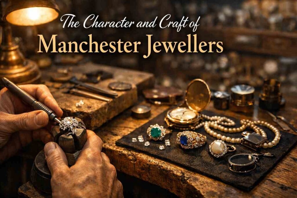 Manchester jeweller crafting a diamond ring at a traditional jewellery workbench