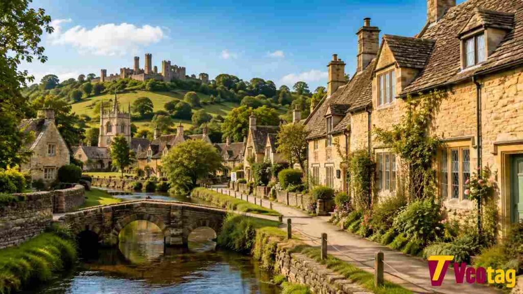 Cotswolds village with stone cottages, bridge, countryside and castle ruins