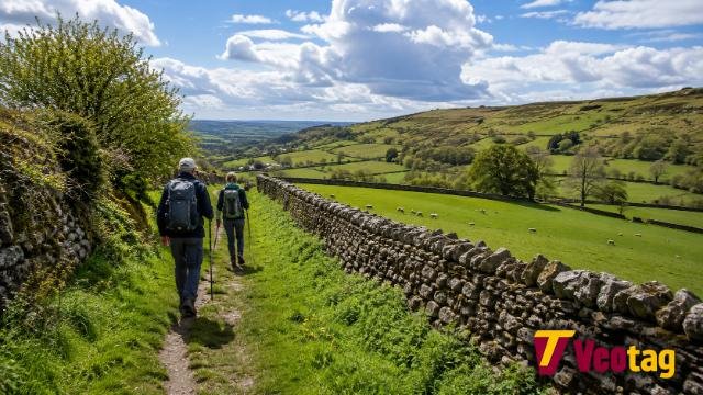 Hikers on the Cotswold Way Walk beside dry-stone walls in England