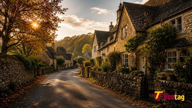 Cotswolds village England with limestone cottages at golden hour
