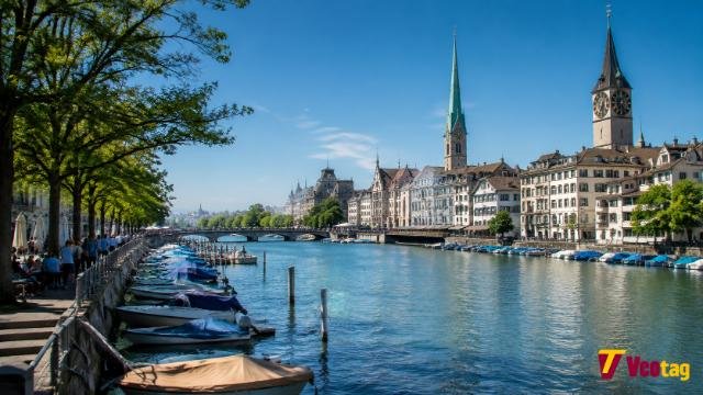 Central Zurich Switzerland waterfront with Limmat River and historic buildings
