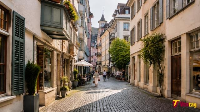 Zurich Old Town Switzerland historic cobblestone street in Niederdorf