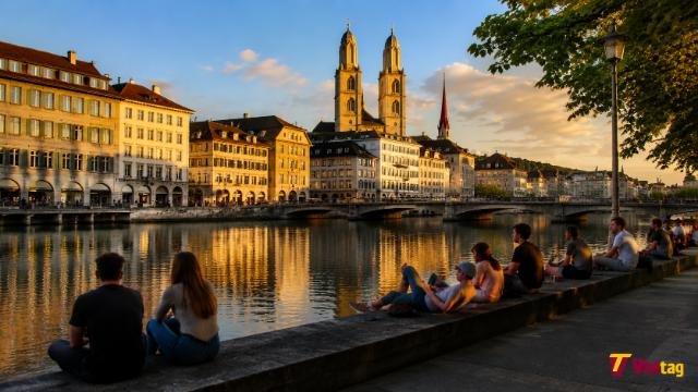 Zurich Switzerland Old Town and Grossmünster by Limmat River at sunset