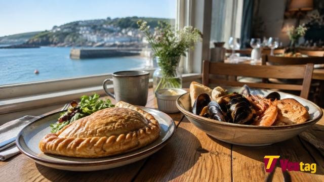 Cornish pasty and seafood dish in a Penzance coastal restaurant