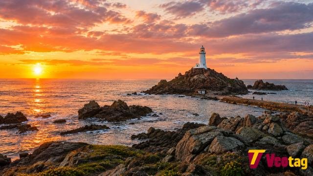 La Corbière Lighthouse Jersey at sunset with its rocky causeway