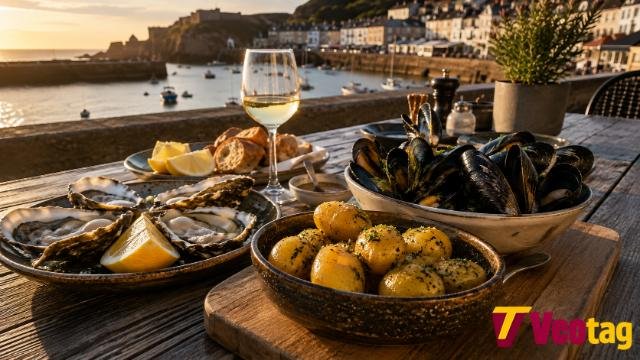 Jersey local food with Jersey Royal potatoes and fresh shellfish