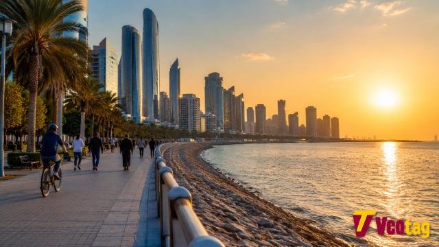 Abu Dhabi Corniche skyline and waterfront promenade at winter sunset
