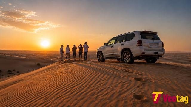 Travelers enjoying an Abu Dhabi desert sunset beside a vehicle