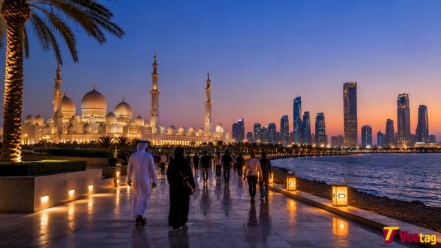 Sheikh Zayed Grand Mosque and Abu Dhabi skyline at blue hour