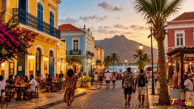 Central Mindelo São Vicente street scene at sunset