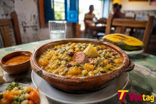 Traditional Cape Verdean cachupa with maize, beans and vegetables