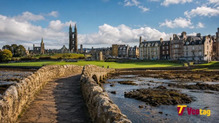 Historic St Andrews coastal town in Scotland with cathedral ruins, stone bridge, and waterfront