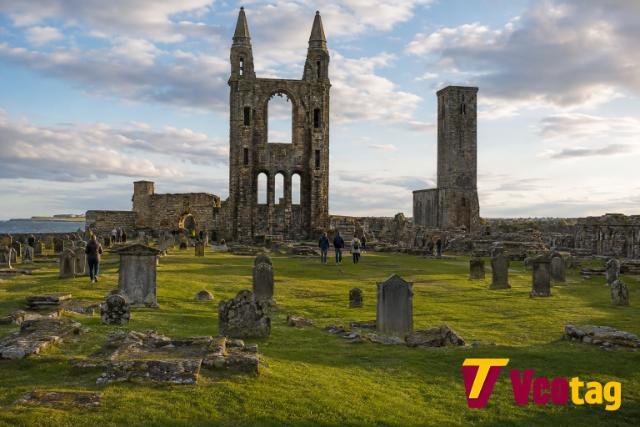 St Andrews Cathedral ruins and historic gravestones in St Andrews, Fife, Scotland