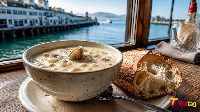 San Francisco clam chowder with crusty sourdough bread
