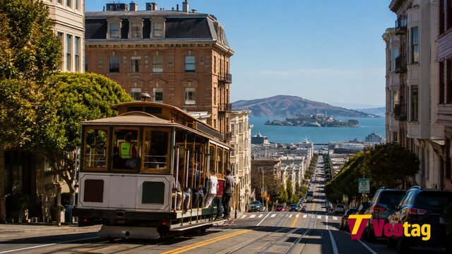 San Francisco cable car climbing a steep historic city street
