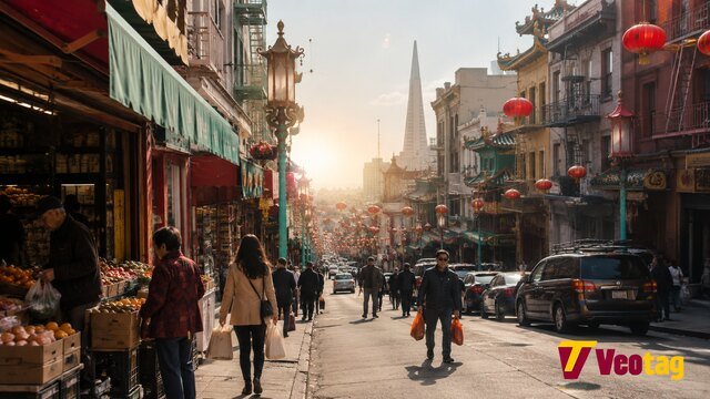 San Francisco Chinatown street with red lanterns, local shops, markets, and pedestrians