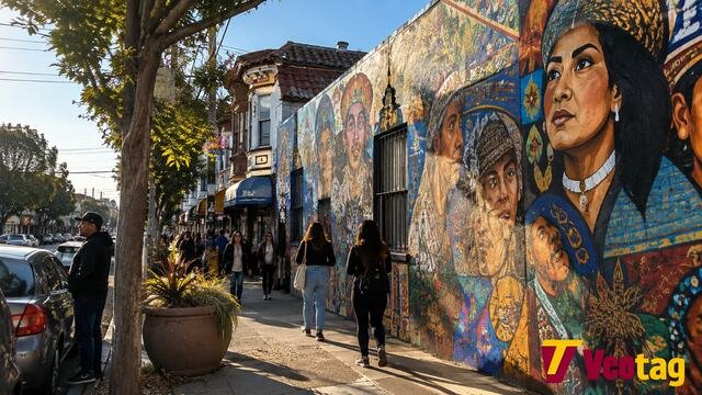Colorful mural and pedestrians in Mission District San Francisco