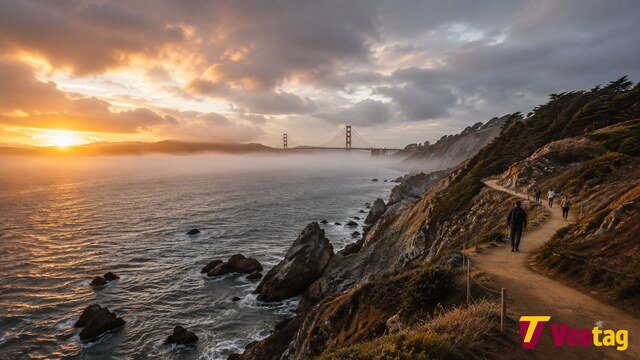 Lands End San Francisco sunset with Golden Gate Bridge and coastal trail