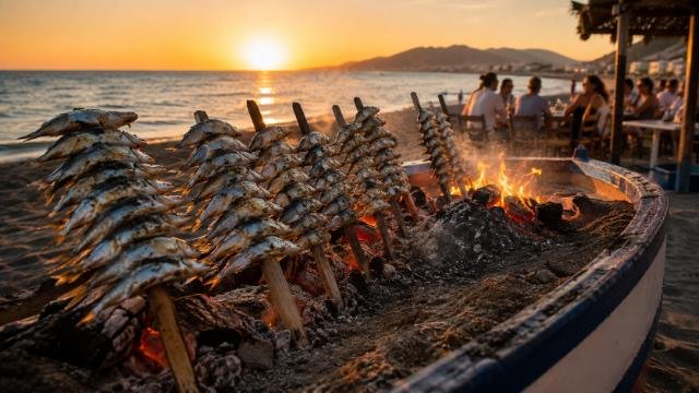 Sardine espetos roasting over glowing coals on Pedregalejo Beach in Málaga at sunset.