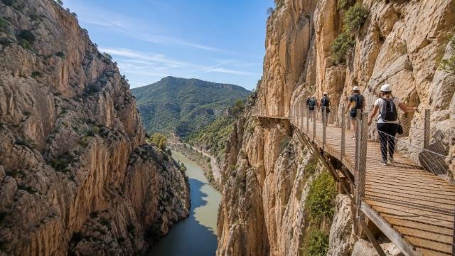 Caminito del Rey cliffside wooden boardwalk above a narrow gorge near Málaga in spring.
