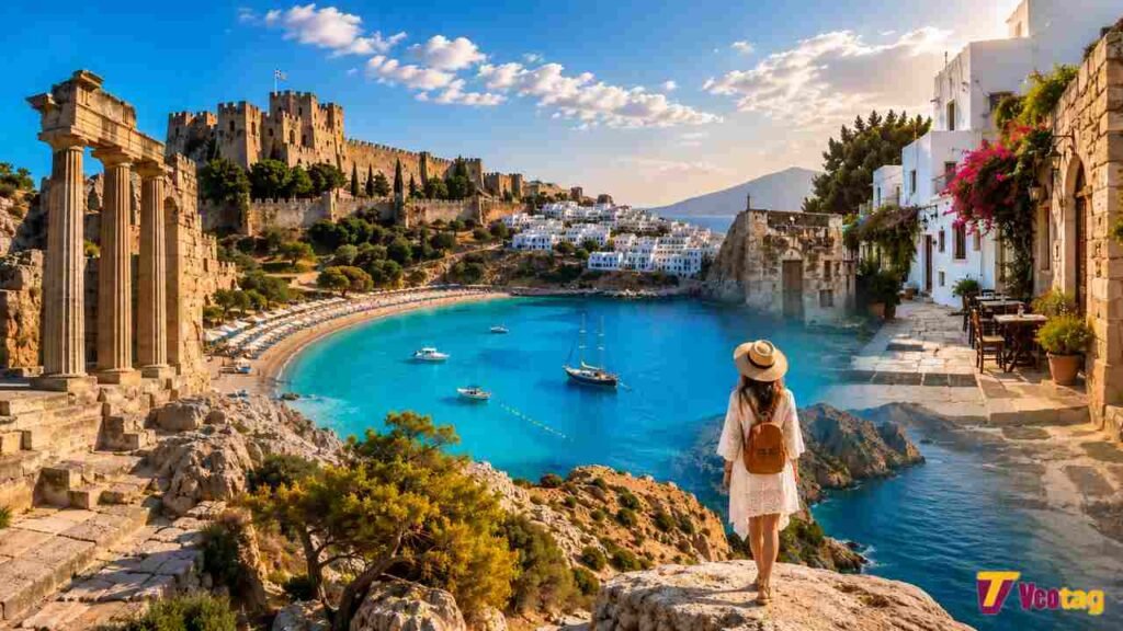 View of Rhodes featuring medieval architecture, turquoise beaches, traditional villages, and coastal landscapes.