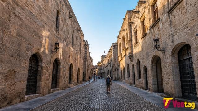 Street of the Knights in Rhodes with Gothic stone buildings during a peaceful spring morning.