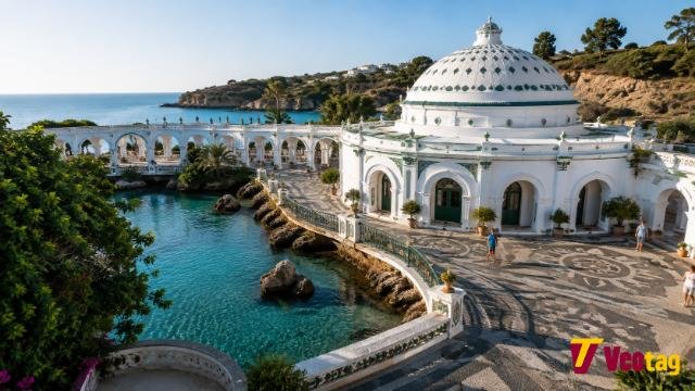 Kallithea Springs Rhodes with white rotunda, mosaic floors, and turquoise sea