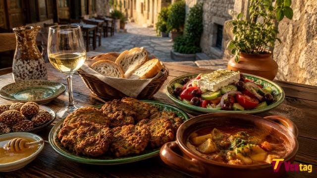 Traditional Rhodian meal with pitaroudia, lakani, Greek salad, bread, melekounia, and Rhodian white wine on a rustic taverna terrace.