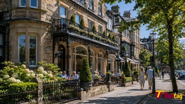 Montpellier Quarter in Harrogate with historic stone buildings, cafés and boutique shops on a sunny spring morning.