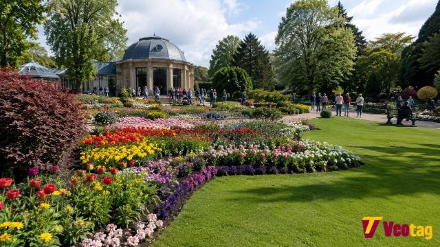 Valley Gardens Harrogate with colourful flowerbeds and Sun Pavilion in late spring