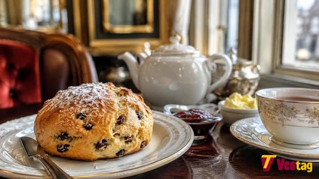Traditional Yorkshire Fat Rascal with tea in a Harrogate tearoom