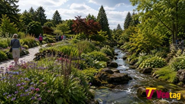 Visitors exploring the colourful streamside gardens at RHS Garden Harlow Carr in Harrogate