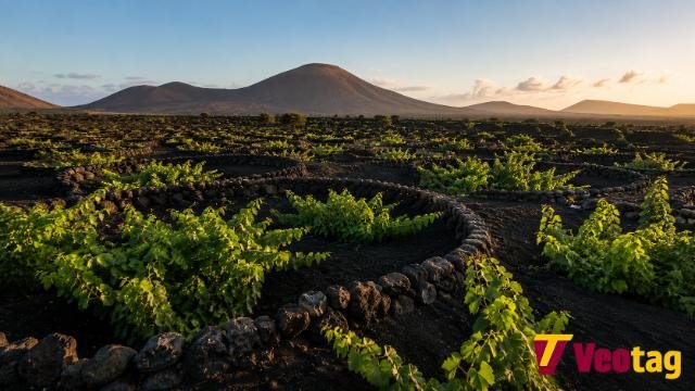 La Geria Lanzarote volcanic vineyards with green grapevines and stone windbreaks