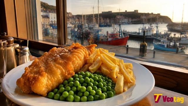 Traditional fish and chips in Scarborough overlooking the harbour