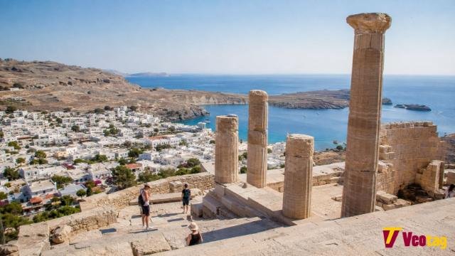 Acropolis of Lindos overlooking the whitewashed Lindos village and Aegean Sea