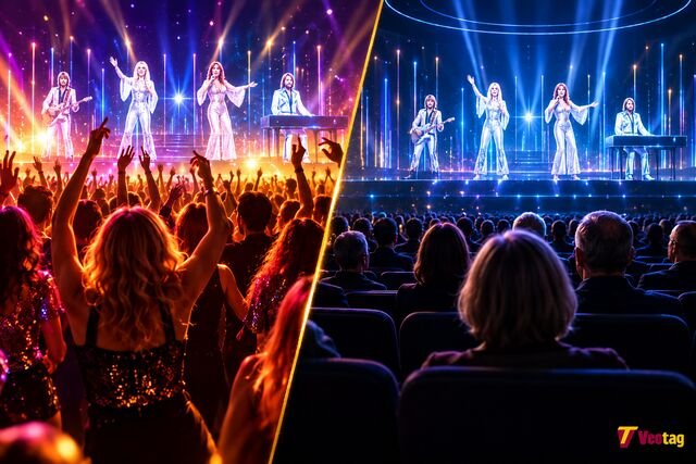 ABBA Voyage dance floor vs seated tickets, showing an energetic standing crowd beside a seated concert audience.