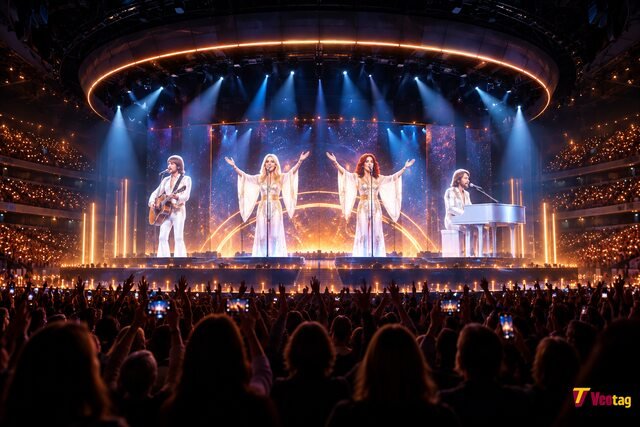 ABBA Arena concert experience with digital performers on a brightly illuminated stage and a packed audience.