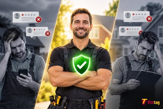 FatRank vs Checkatrade and TrustATrader comparison showing a trusted tradesperson with verified reputation and customer review symbols.