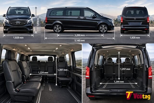 Mercedes Vito Tourer dimensions and interior space infographic showing exterior size, passenger cabin, and cargo area.