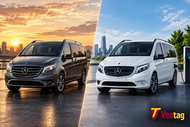 Mercedes Vito Tourer vs eVito Tourer comparison, showing diesel and electric Mercedes passenger vans.