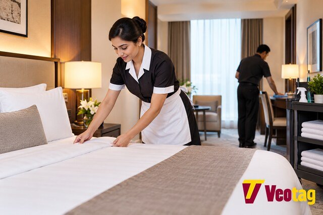 Hotel housekeeping staff cleaning and preparing a guest room with fresh bedding.